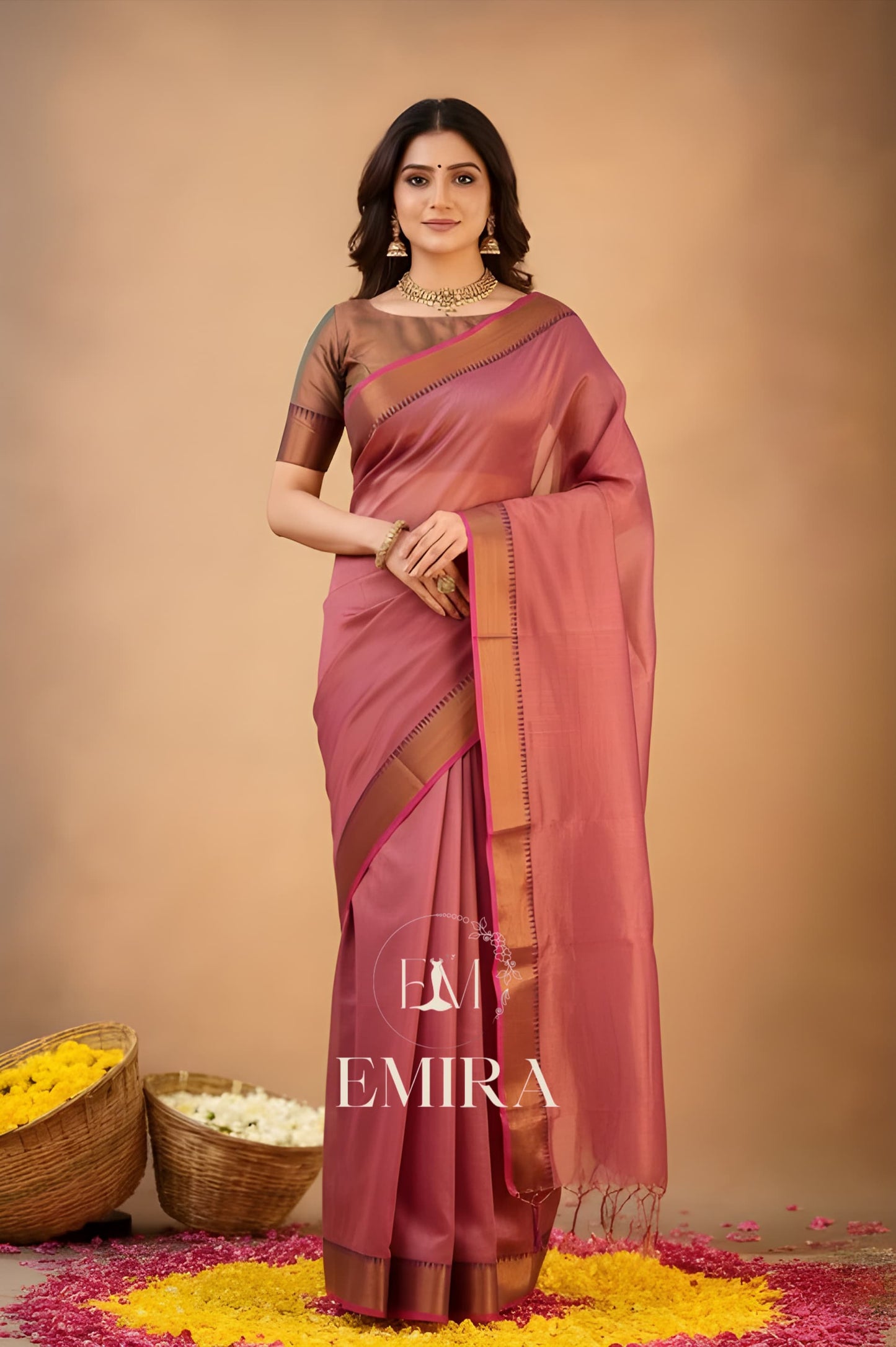 Emira Peach Handloom Style Cotton Tissue Saree