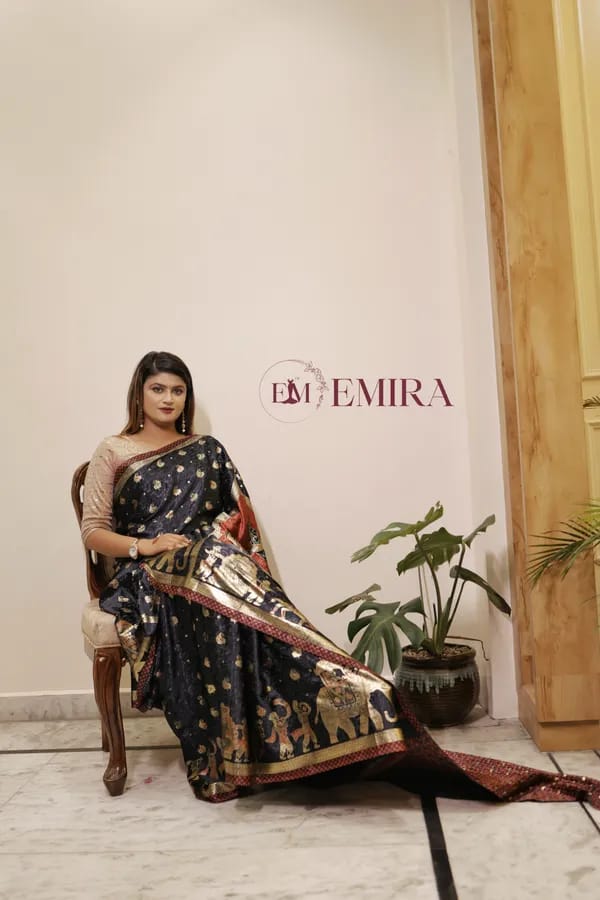 Navy Royal Parade Handcrafted Gajji Silk Maharani Saree