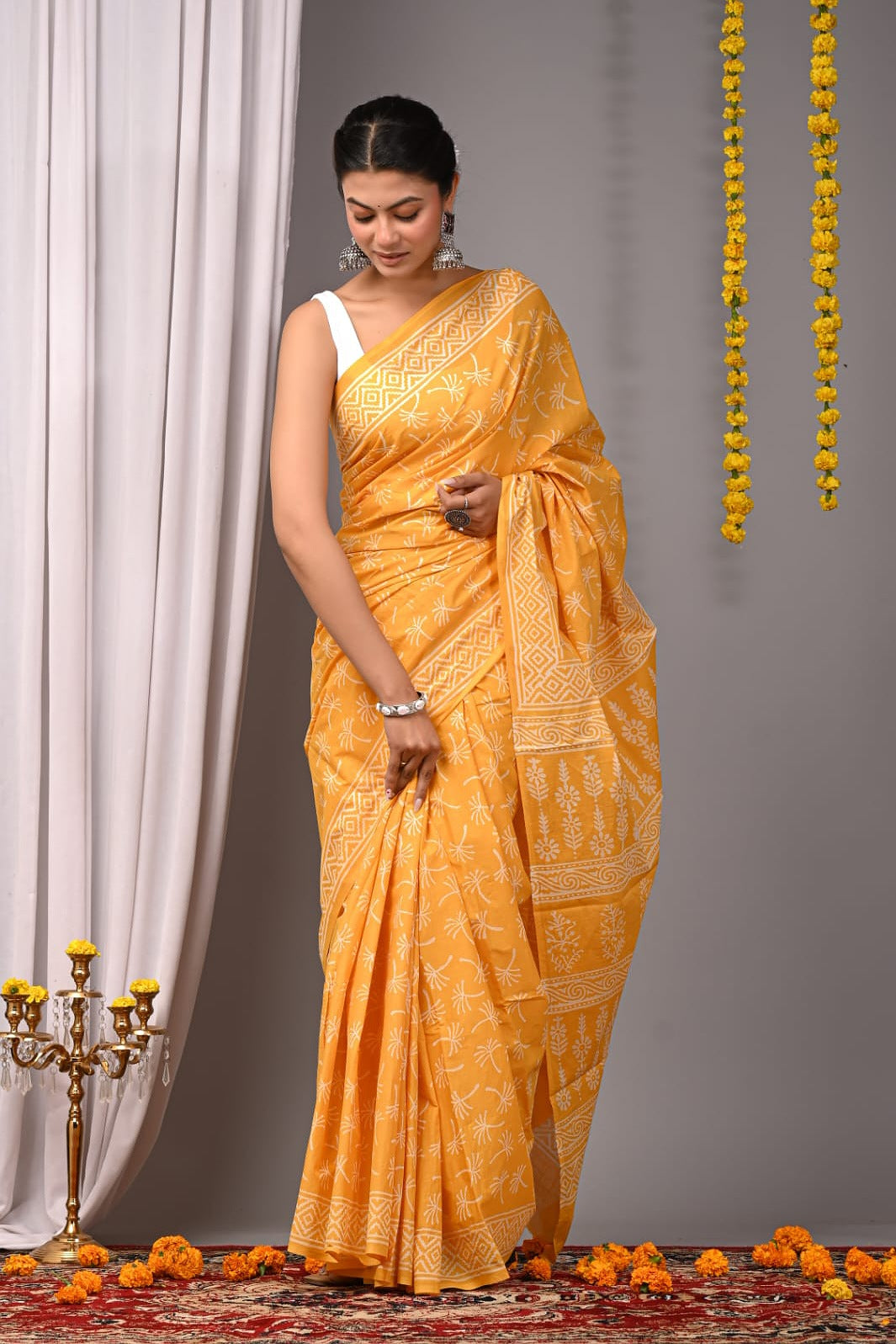Handblock Printed Pure Cotton Mulmul Saree for Women - Lightweight & Breathable