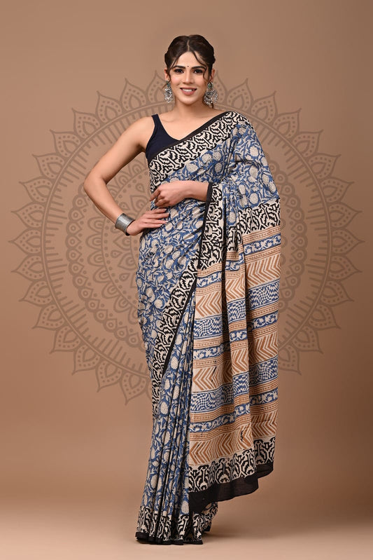 Handblock Printed Pure Cotton Mulmul Saree for Women - Lightweight, Breathable & Traditionally Stylish