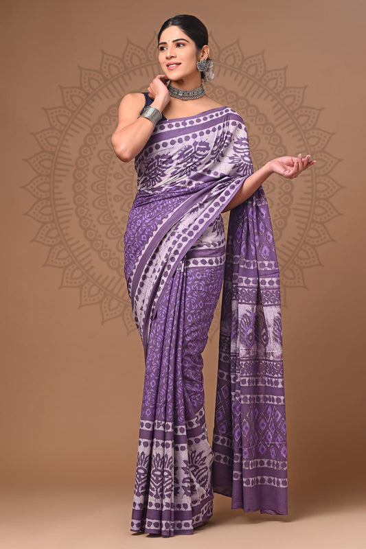 Handblock Printed Pure Cotton Mulmul Saree for Women - Lightweight, Breathable & Traditionally Stylish