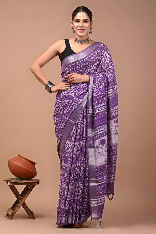 Handblock Printed Pure Linen Saree for Women | Lightweight & Breathable | Traditional Indian Ethnic Wear with Blouse Piece