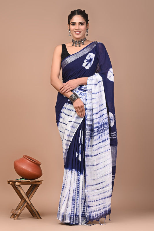 Elegant Pure Linen Handblock Saree | 5.5 Mtr Saree with 0.90 Mtr Blouse Piece | Summer Friendly Ethnic Fashion