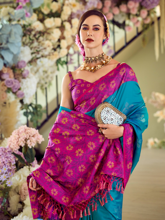 Soft Silk Ikkat Saree Adorned with Beautiful Contrast Weaving Pattern