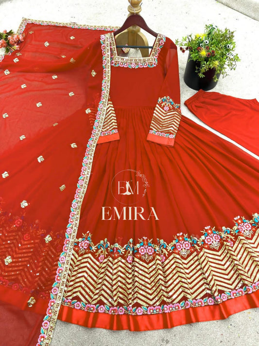 Emira Elegant Embroidered Sequence Designer Anarkali Three Piece Set.