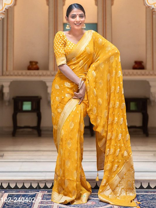 Golden Glow Georgette Zari Buta Work Banarasi Saree