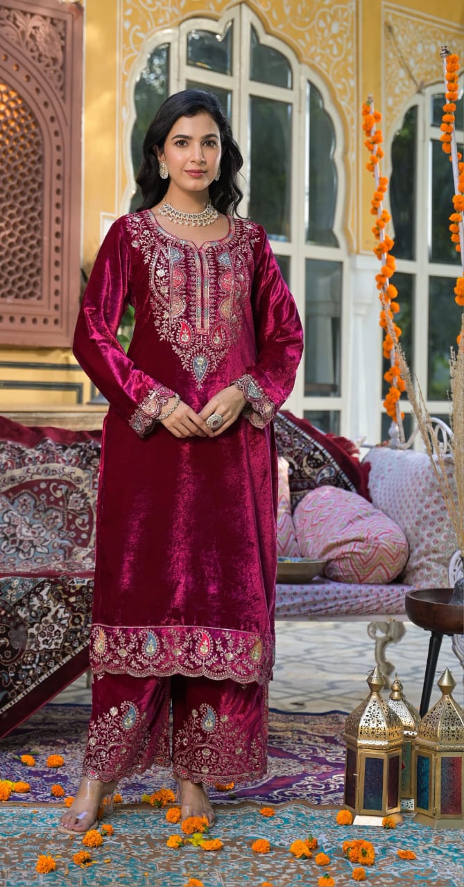 Velvet Zari Embroidery Work Suit