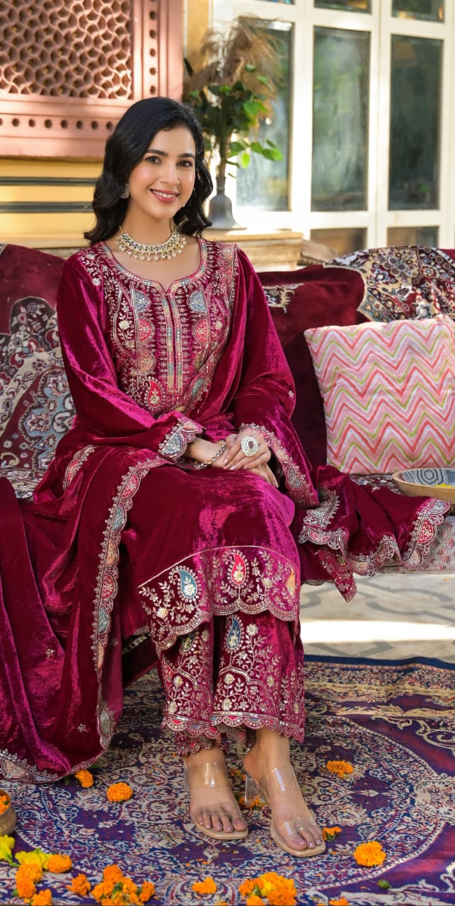 Velvet Zari Embroidery Work Suit