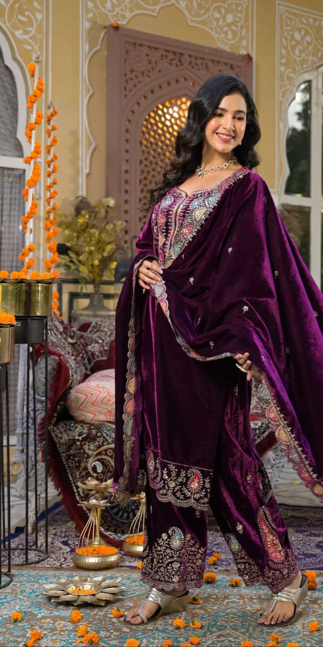 Velvet Zari Embroidery Work Suit