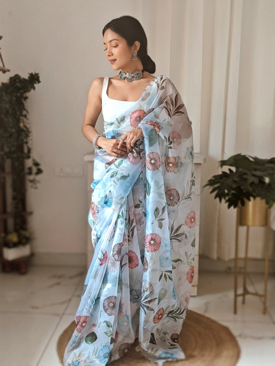 WHITE ORGANZA  DIGITAL PRINT SAREE WITH HAND WORK