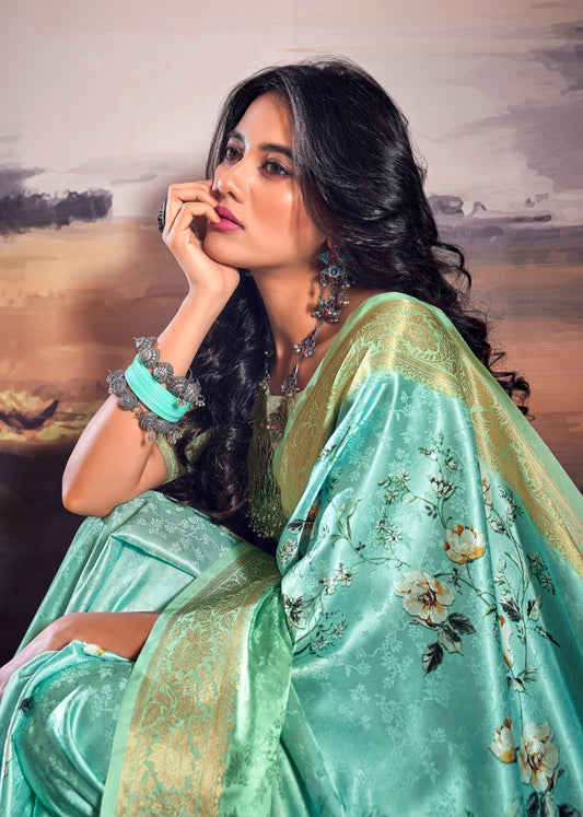 Floral Symphony Sea Green Digital Print Satin Silk Saree