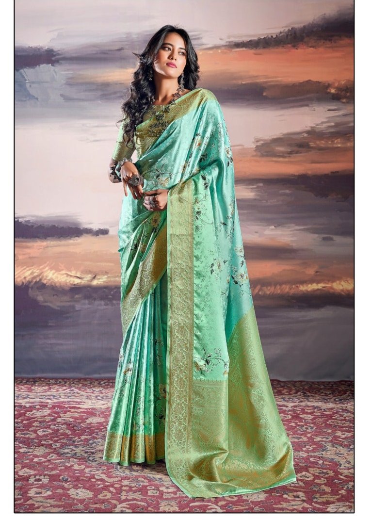 Floral Symphony Sea Green Digital Print Satin Silk Saree