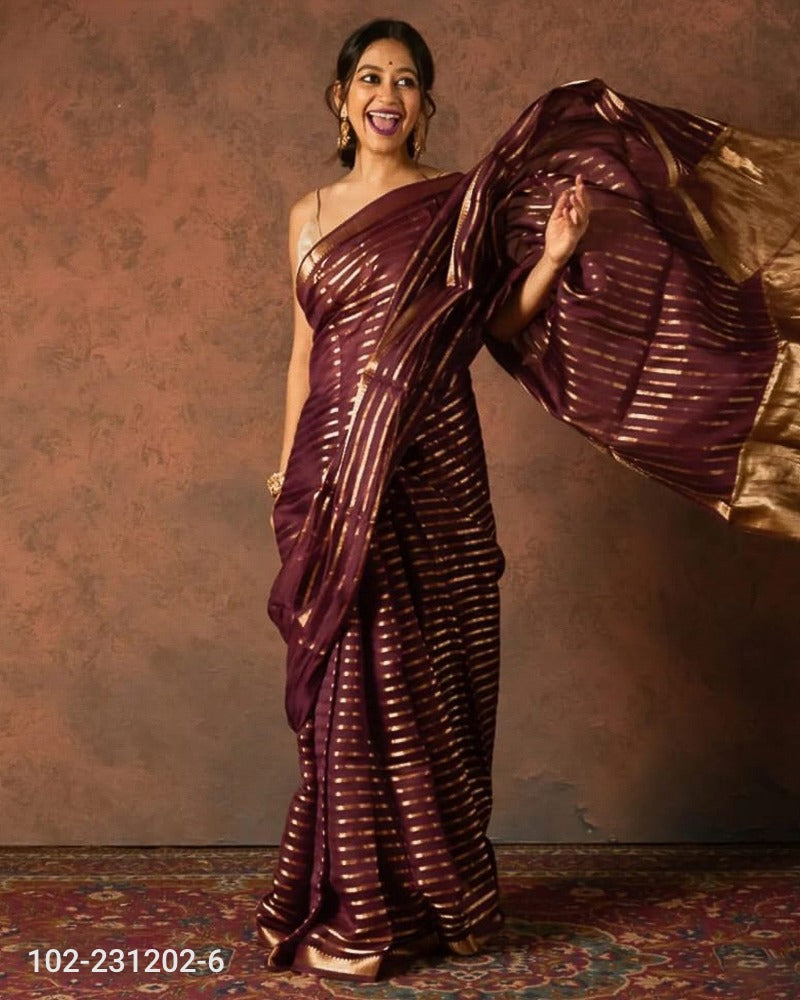 Kora Organza Zari Stripe Work Banarasi Saree