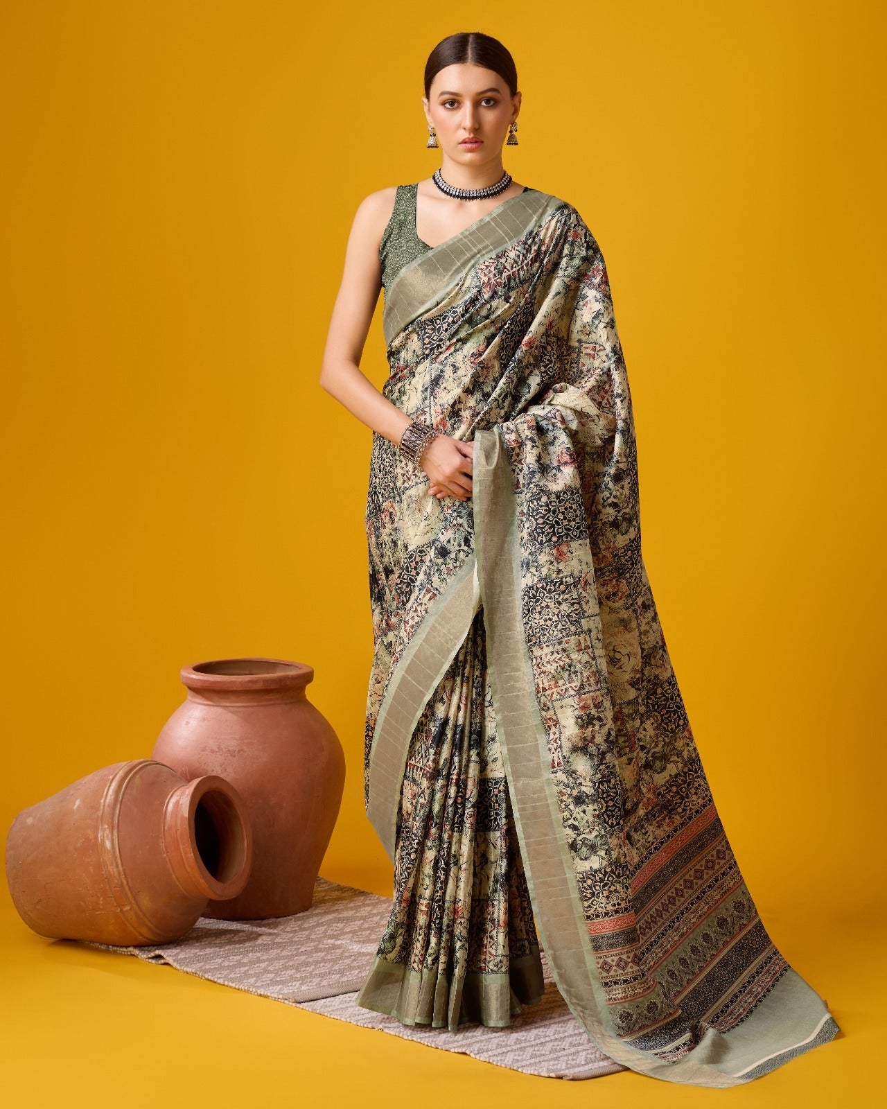 Radiant Aura Printed Beige Cotton Silk Saree