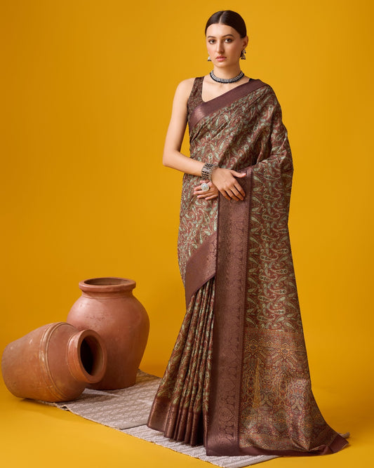 Radiant Aura Printed Brown Cotton Silk Saree