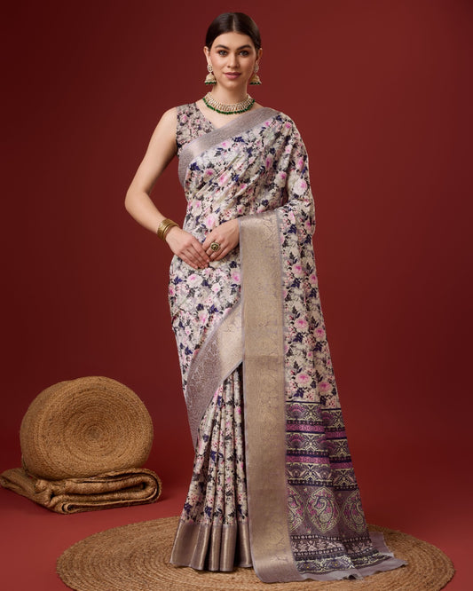 Radiant Aura Printed White Cotton Silk Saree