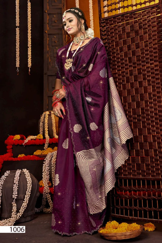 Soft Organja Cut Work Border With Swarovski Work Saree