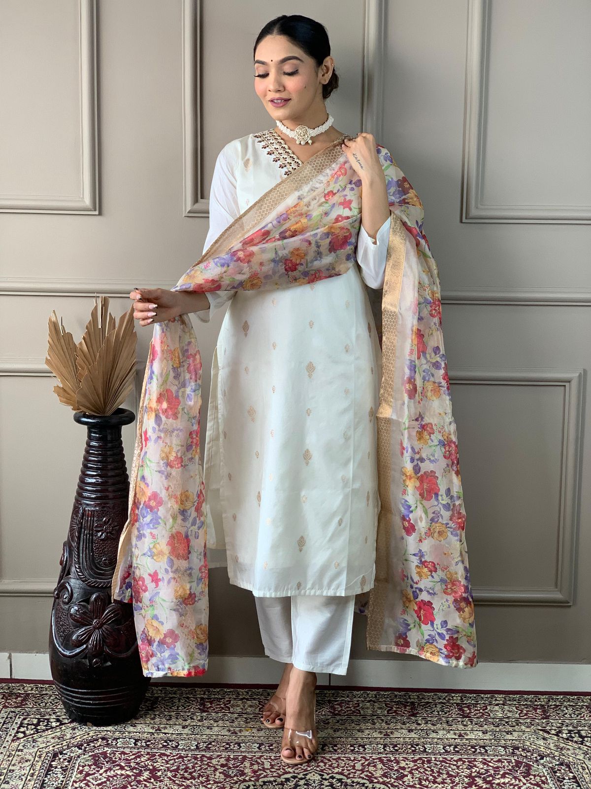 Emira Ethnic Embroidered Chanderi Silk Kurta with Trousers & Dupatta