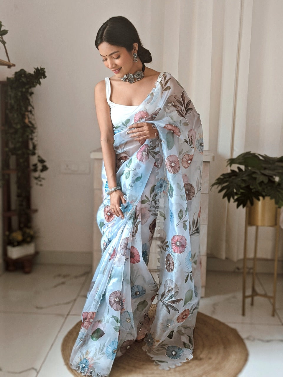 WHITE ORGANZA  DIGITAL PRINT SAREE WITH HAND WORK