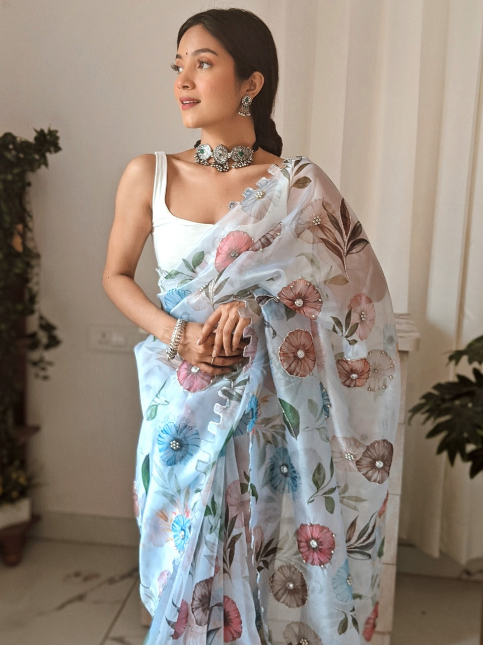 WHITE ORGANZA  DIGITAL PRINT SAREE WITH HAND WORK