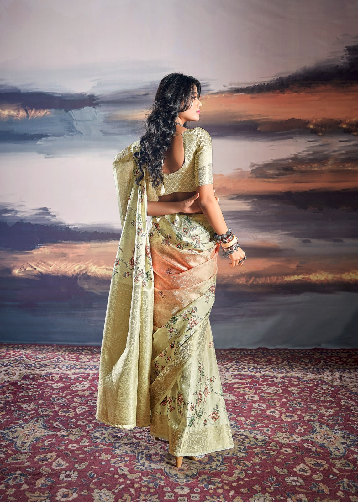 Floral Symphony  yellow Digital Print Satin Silk Saree