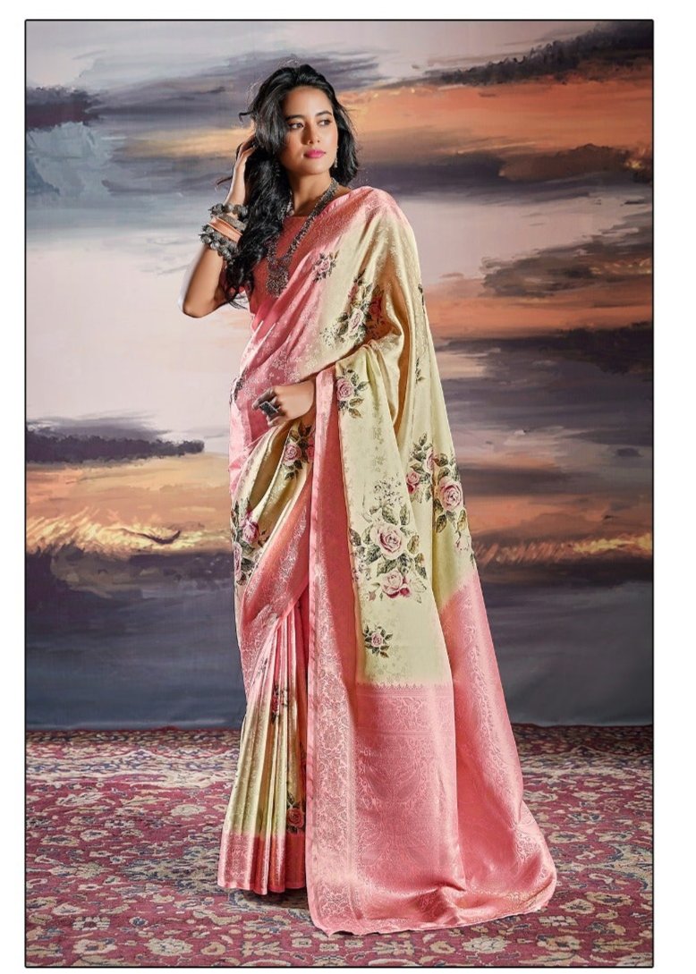 Floral Symphony Pink Digital Print Satin Silk Saree