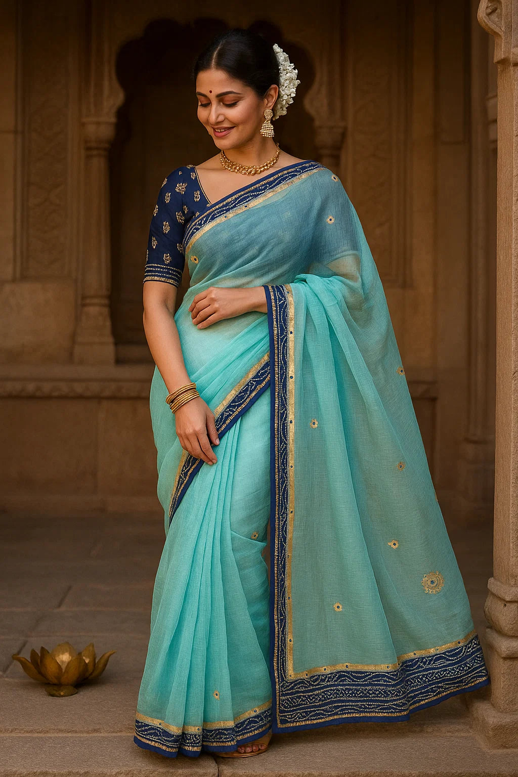 Elegant Kota Doria Saree With Bandhej Gotapatti Border And Two Blouses