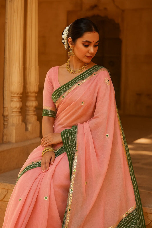 Elegant Kota Doria Saree With Bandhej Gotapatti Border And Two Blouses