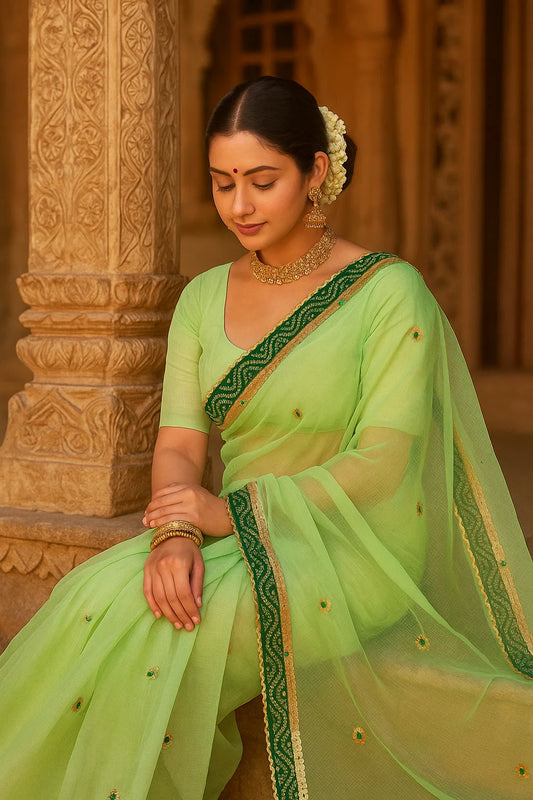 Elegant Kota Doria Saree With Bandhej Gotapatti Border And Two Blouses