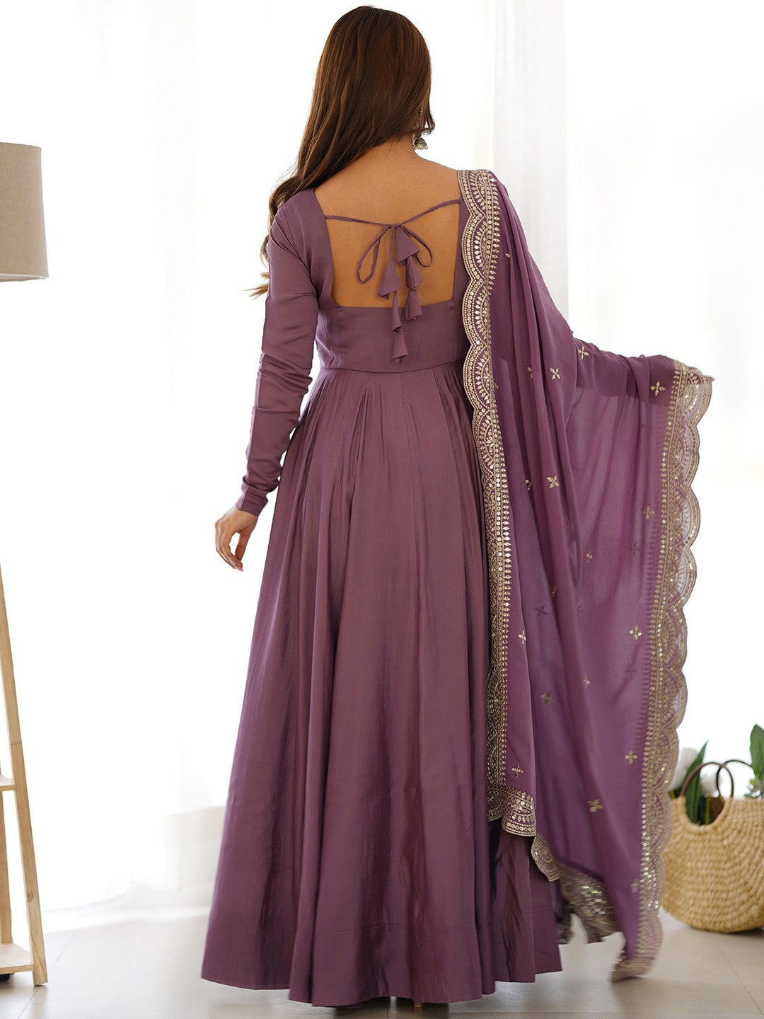 Elegant Maroon Fit and Flare Maxi Dress with Embroidered Silk Dupatta