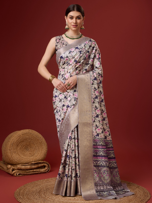 Radiant Aura Printed White Cotton Silk Saree