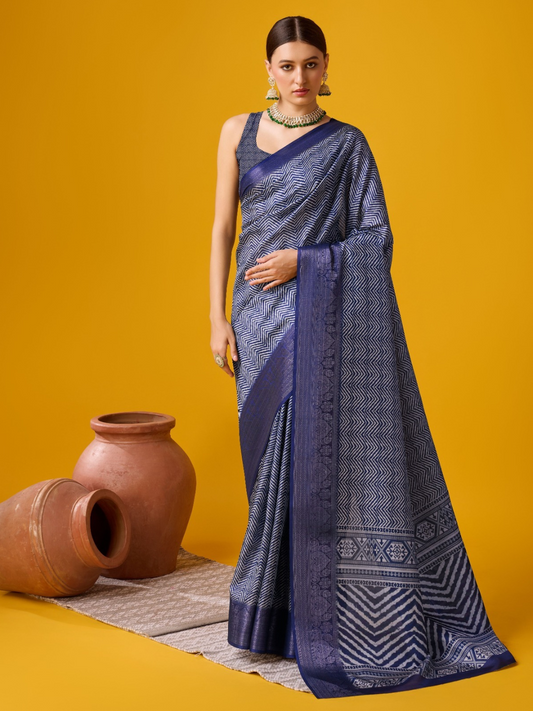 Radiant Aura Printed Blue Cotton Silk Saree